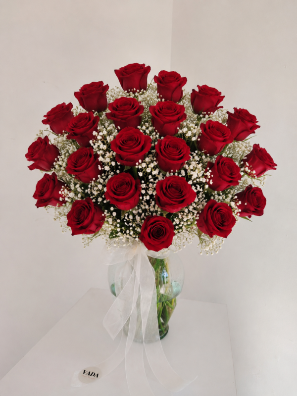 Florero de 24 rosas rojas con ghypso